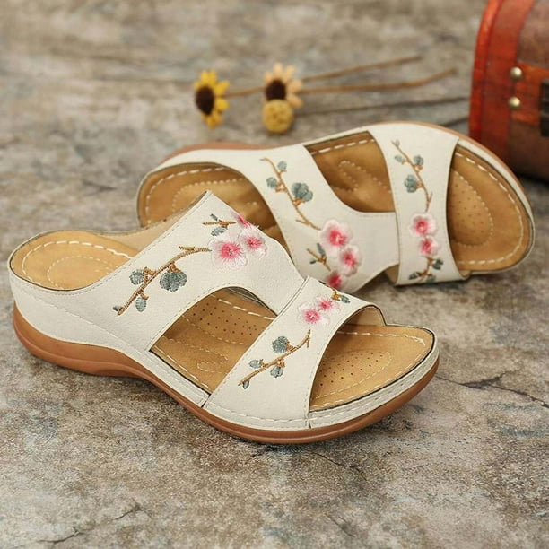 Sandalias de flores bordadas con tacón de cuña a la moda de verano