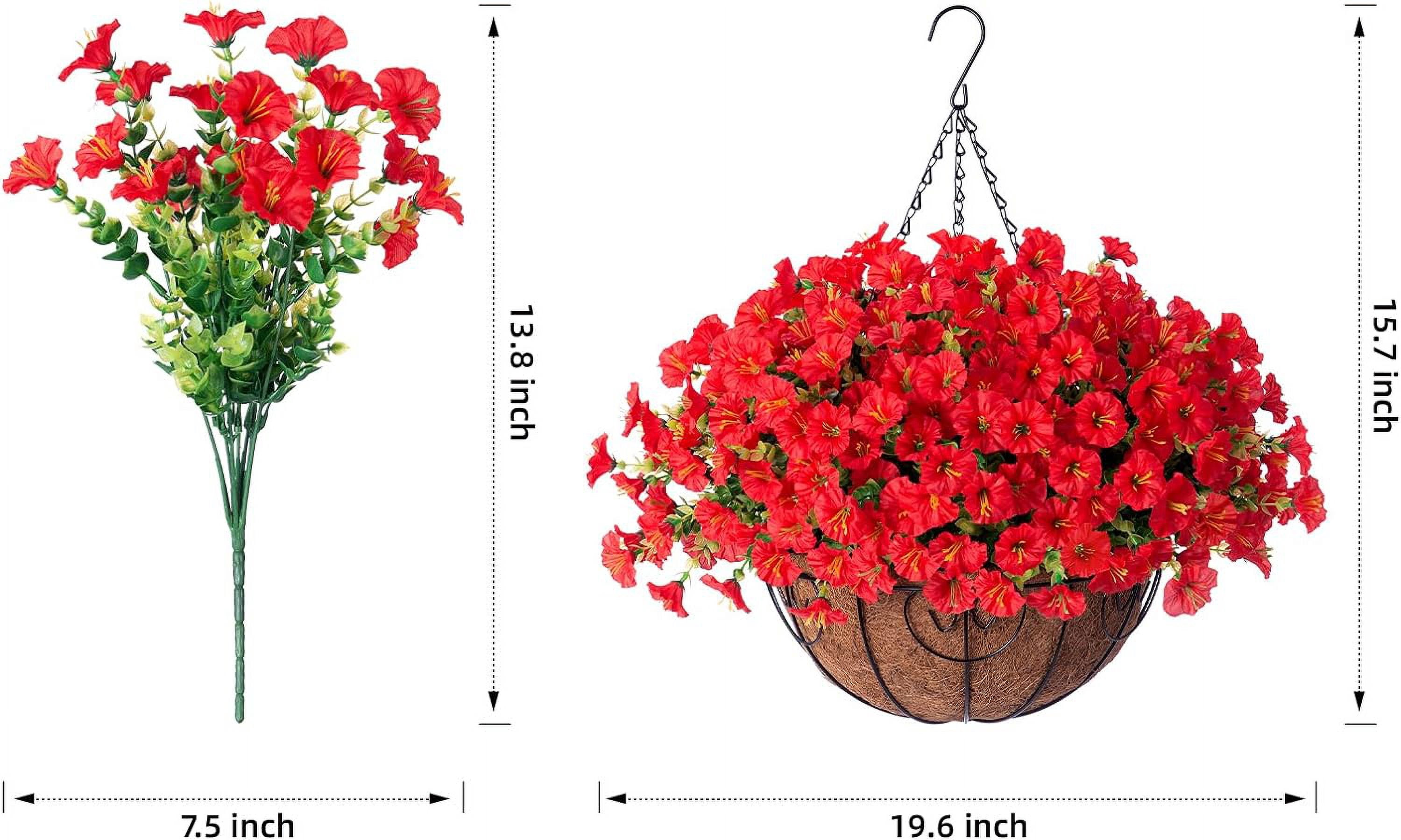 Artificial Faux Hanging Outdoor Plants Flowers Basket for Spring Summer Decoration, Fake Red Silk Morning Glory in Planter UV Resistant Look Real for Outside Porch Patio Balcony Home
