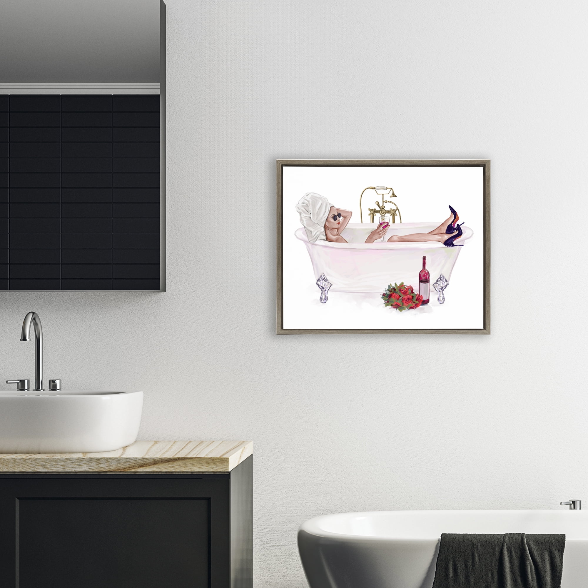 Woman with Wine Bath Brown Framed Floater Canvas Wall Art, design by Ziwei Li