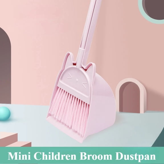 Mini Kids Broom and Dustpan Set, Cute Cartoon Cat Small Cleaning Tool for Toddler Pretend Play Indoor Sweeping