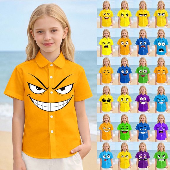 Tisuna Boys Girls Summer Shirt Child Cartoon Print Short Sleeve Lapel Collar Tshirt Stylish Cute Little Kids School Holiday Playwear Outfits Orange Size 3-4 Years