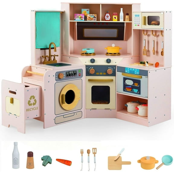 OLAKIDS Corner Kids Kitchen Play Set, Toddler Wooden Pretend Toy Cooking Set with Range Hood Dishwasher Trash Bin Light Sound Stove Storage Cabinet, Realistic Play Kitchen Gift for Boys Girls