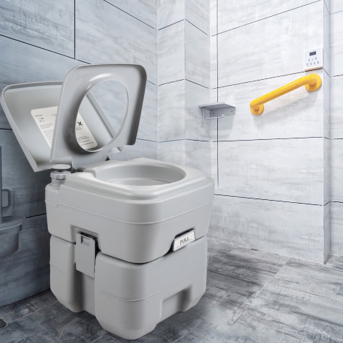JAXPETY Portable Push-rod Toilet, 20L/5.28 Gallon Outdoor Commode with Detachable Tank for Camping, Boating, Hiking and Traveling, Cold Gray