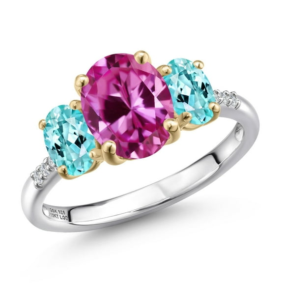 Gem Stone King 925 Silver and 10K Yellow Gold Pink Created Sapphire and Blue Apatite and Lab Grown Diamond Engagement Ring for Women | 2.11 Cttw | Oval 9X7MM | September Birthstone | Size 7
