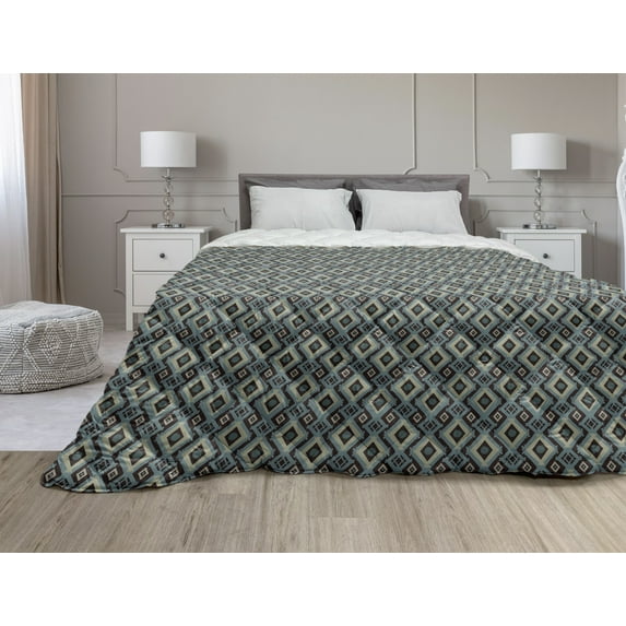 Tribal Down Alternative Comforter, Funky Traditional Culture Motif with Hand Drawn Geometric Vivid Shapes, Microfiber Quilt for All Season, 5 Sizes, Sky Blue and Pale Peach, by Ambesonne
