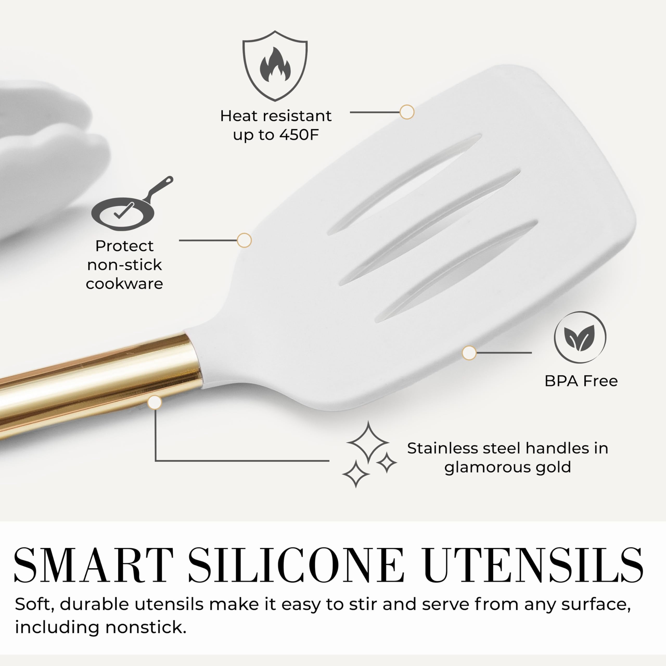 Styled Settings White and Gold Kitchen Utensils Set - 15-Piece Non-Scratch, White and Gold Utensils Set Includes White Silicone Cooking Utensils and White and Gold Measuring Cups and Spoons