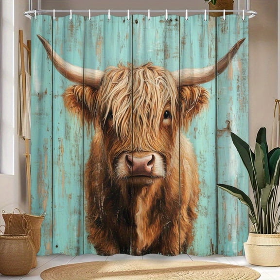 Highland Cow Shower Curtain with Hooks, Waterproof Polyester Fabric, 70x70 Inch Bathroom Decor