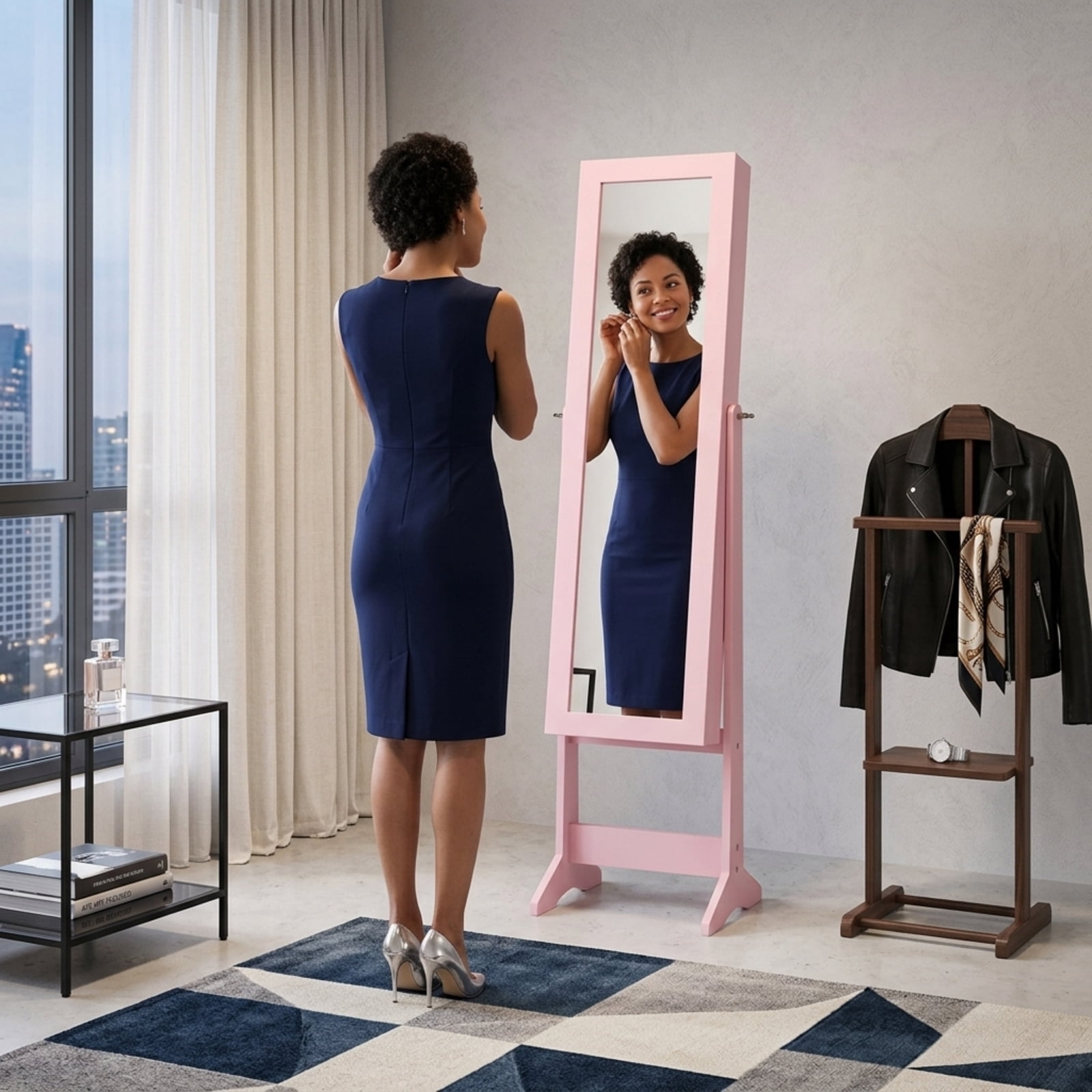 Furnibear Mirrored Standing Jewelry Cabinet Storage Box for Bedroom Dressing Room Jewelry Necklace Rings Storage Mirror, Pink