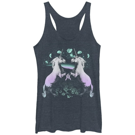 Women's Lost Gods Two Moon Unicorn  Racerback Tank Top Navy Blue Heather X Large