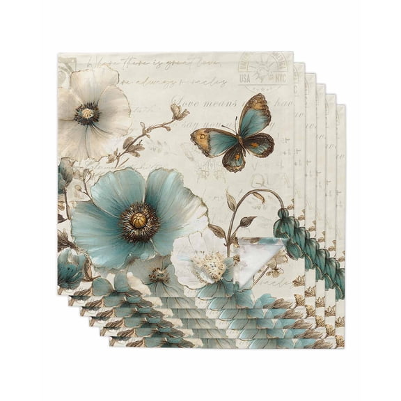 Cloth Napkins Set of 6 - 20x20 Inches, Vintage Flowers Washable Reusable Table Napkins, Spring Floral Teal Tulip Butterfly Soft & Absortbent Dining Napkin for Party Wedding Hotel Restaurant