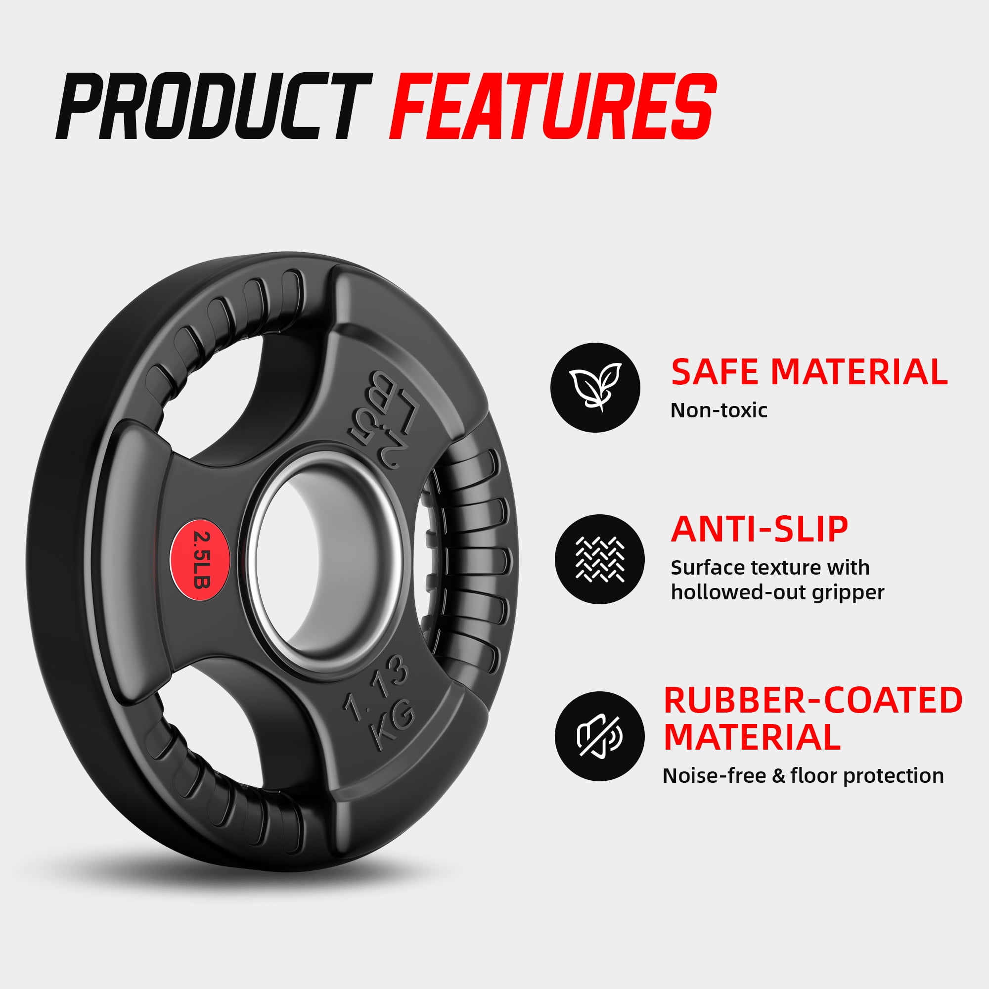 Signature Fitness 3-Grip Olympic Rubber Weight Plates, 2.5LB–45LB, Black with Red Label, Pair or 4-Pack