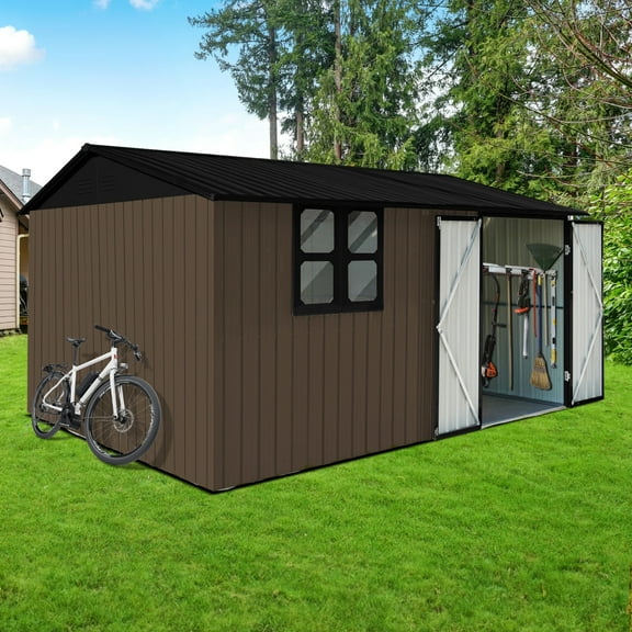 Aukfa 12FT x 10FT Outdoor Storage Shed, Metal Shed Storage with Window, Roof Slope Tool Shed with Door and Padlock for Backyards, Patio Lawns and Outdoor, Brwon
