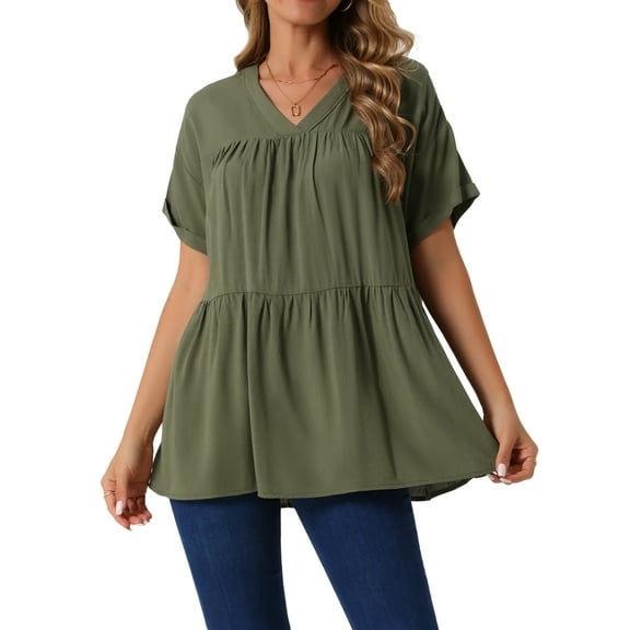 DARING DIVA Women's Babydoll Casual V Neck Short Sleeve Peplum Blouse S Army Green