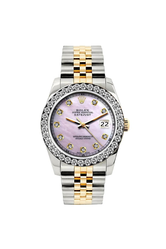 Pre-Owned Rolex Datejust 26MM 69173 Pink Mother of Pearl Diamond Dial Diamond Bezel Two Tone Yellow Gold Jubilee Bracelet 1.2ct