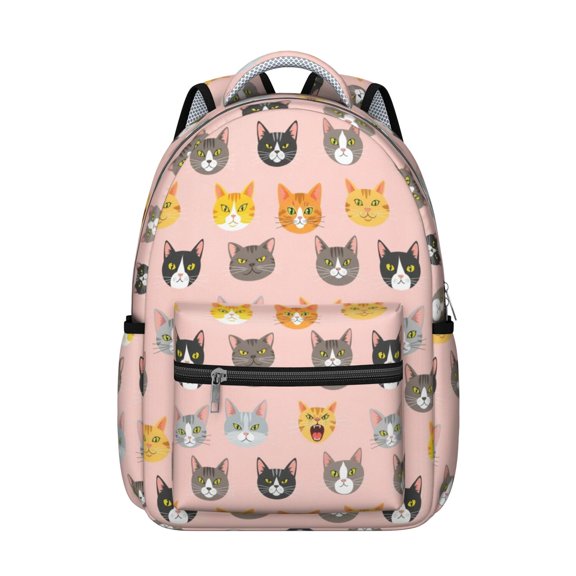 Multicolor Cat Head Pink Pattern Backpack for School, Cute School Bag with Adjustable Shoulder Straps and Padded Back, 15.3"x11"x7.1"
