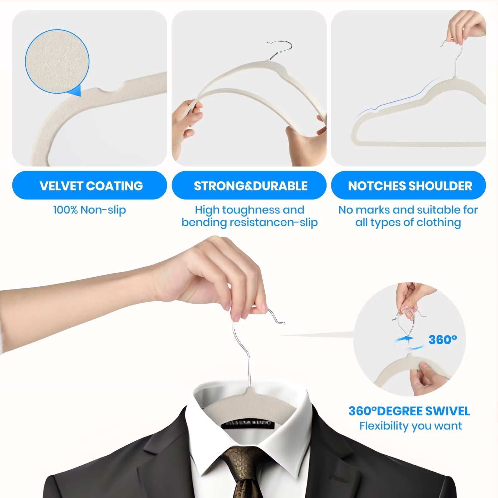 Simple Deluxe 50 Pack Velvet Hangers, Non-Slip Clothes Hangers with Shoulder Notches, 360° Swivel Hooks, Heavy Duty Coat Suit Hangers for Closet Space Saving, White