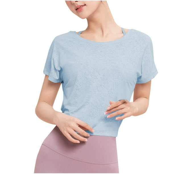Camiseta de Manga Corta de Verano para Mujeres Color Sólido Cuello Redondo Camiseta de Manga Corta de Poliéster, Top de Moda Casual para Mujeres Y Niñas