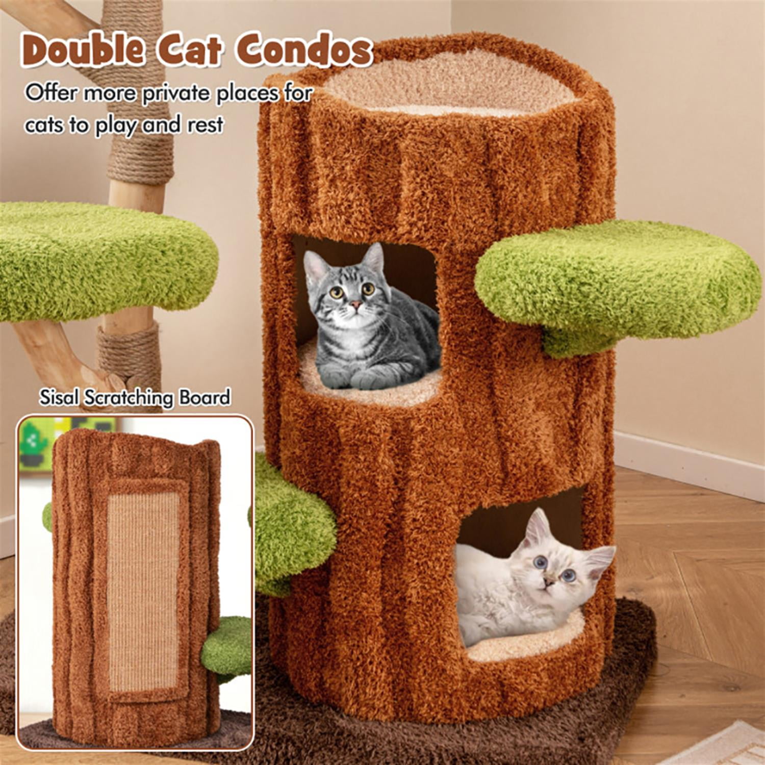 resenkos 55" Cat Tree Tower with Dual Condos for Indoor Cats, Plush Cat House with Padded Perch, Scratching Panel and Posts, Brown