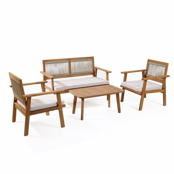 LuxenHome Outdoor Acacia Wood Rope Back 4-Piece Patio Seating with Cushions and Coffee Table Set