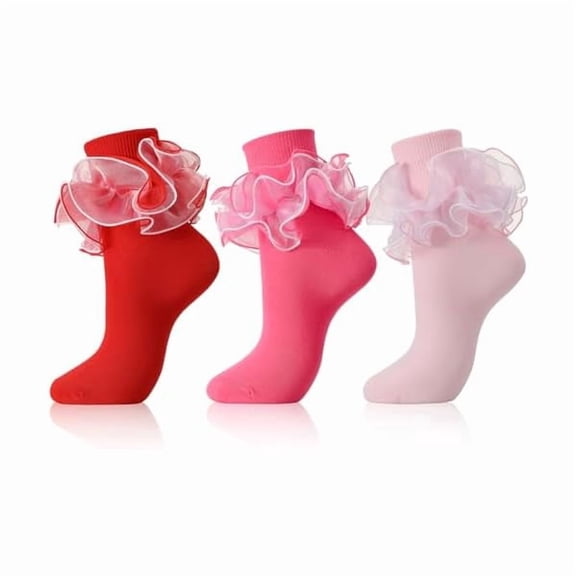Eryueer 3 Pairs Women Spring Ruffle Socks 4-Layer Cute Frilly Sheer Ankle Socks for Dress Breathable Thin Frilled Socks