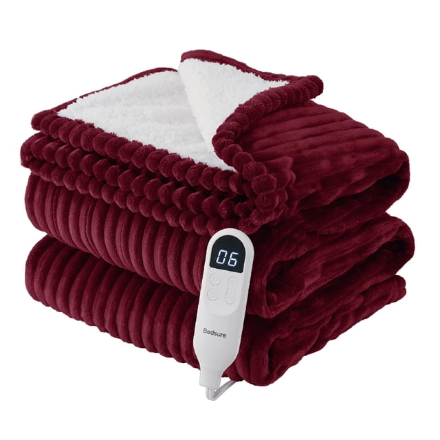 Manta eléctrica Bedsure Twin, suave franela acanalada, color burdeos