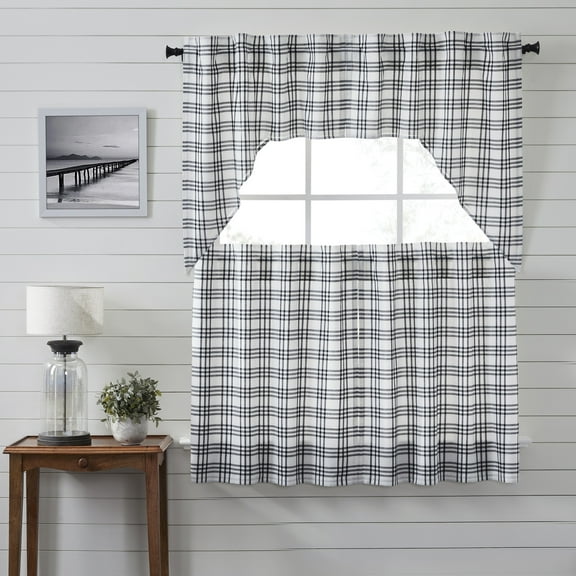VHC Brands Sawyer Mill Black 4 PC Plaid Curtain Set (2 Swag 36x16 and 2 Tier 36x36)