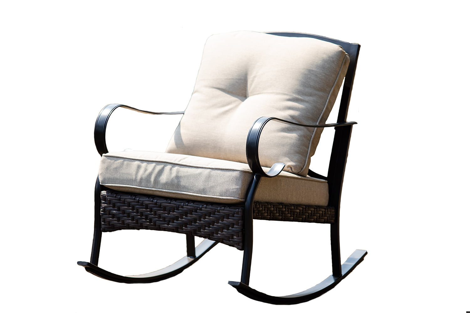 25 X 33 X 34 Black Steel Patio Rocking Chair With Beige Cushions