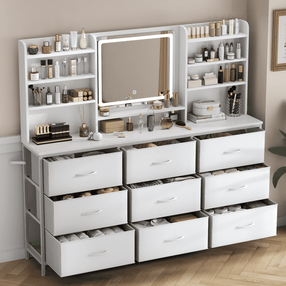 9-Drawer Dresser with Lighted Mirror, Dressers & Chests of Drawers with 8 Storage Shelves, Modern Dresser for Bedroom, Makeup Vanity Desk with LED Mirror– STIKELY