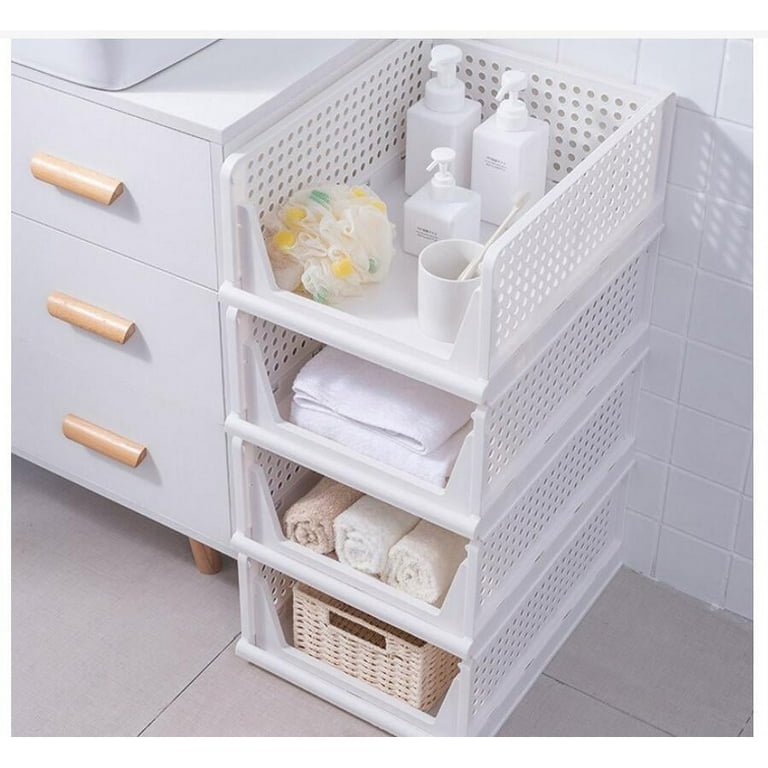  Set of 4 Stackable Closet Wardrobe Storage Bins Organizer (Easy  Open and Folding), Plastic White Wardrobe Shelves Closet Organiser Box,  Pull Out Like a Drawer, Suitable for Home, Bedroom, Kitchen 