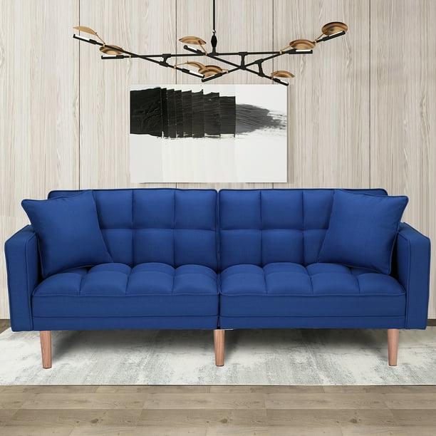 Futon Sleeper Sofa With 2 Pillows Navy Blue Fabric Walmart Com Walmart Com