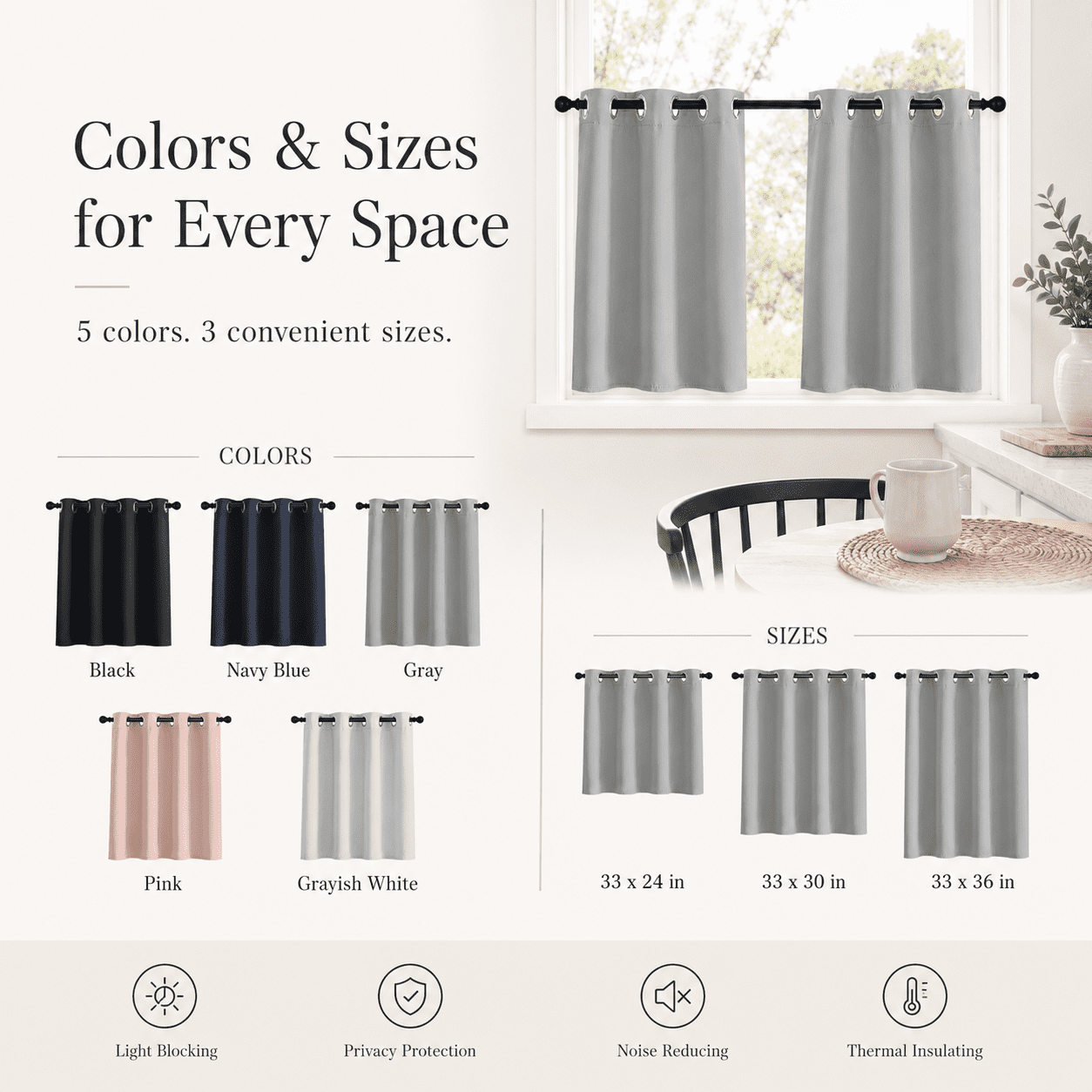 Lapalife 2 Panel Blackout Kitchen Curtains, Grommet Short Window Curtains for Kitchen Bathroom Cafe, Gray, 33"x 36"
