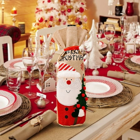 

TANGNADE New Christmas Decorations Imitation Linen Wine Bottle Sleeve Old Man Snowman Sticker Wine Bottle Sleeve Cartoon Bunch Mouth Wine Bottle Bag