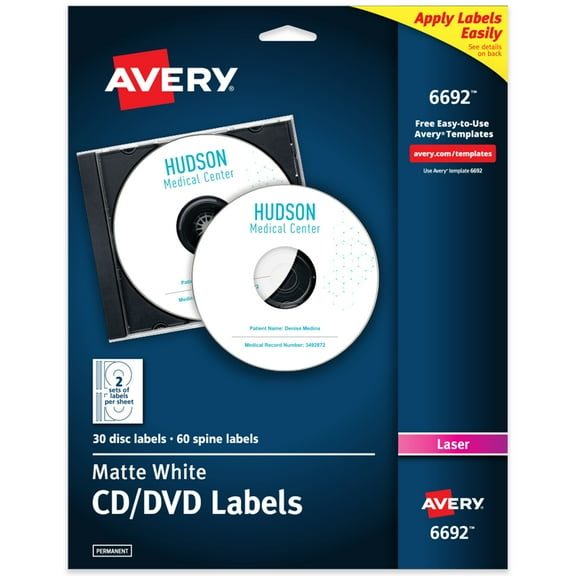 Avery CD Labels, Permanent, 30 CD Labels & 60 Spine Labels (6692)