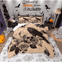 Manfei Halloween Crow Teens Queen Comforter Set, Gothic Romantic Skeleton Bedding Sets, Spider Web Reversible Bedding Comforter Set, Luxury Bedroom Decor, 3 Pieces