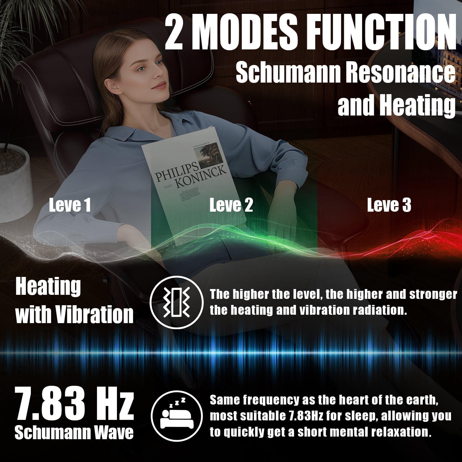 Heavy Duty Big and Tall Office Chair, 7.83Hz Schumann Resonance Relax Chair with Heating Function, Silent Rubber Casters, Thick Padded Seat, Brown