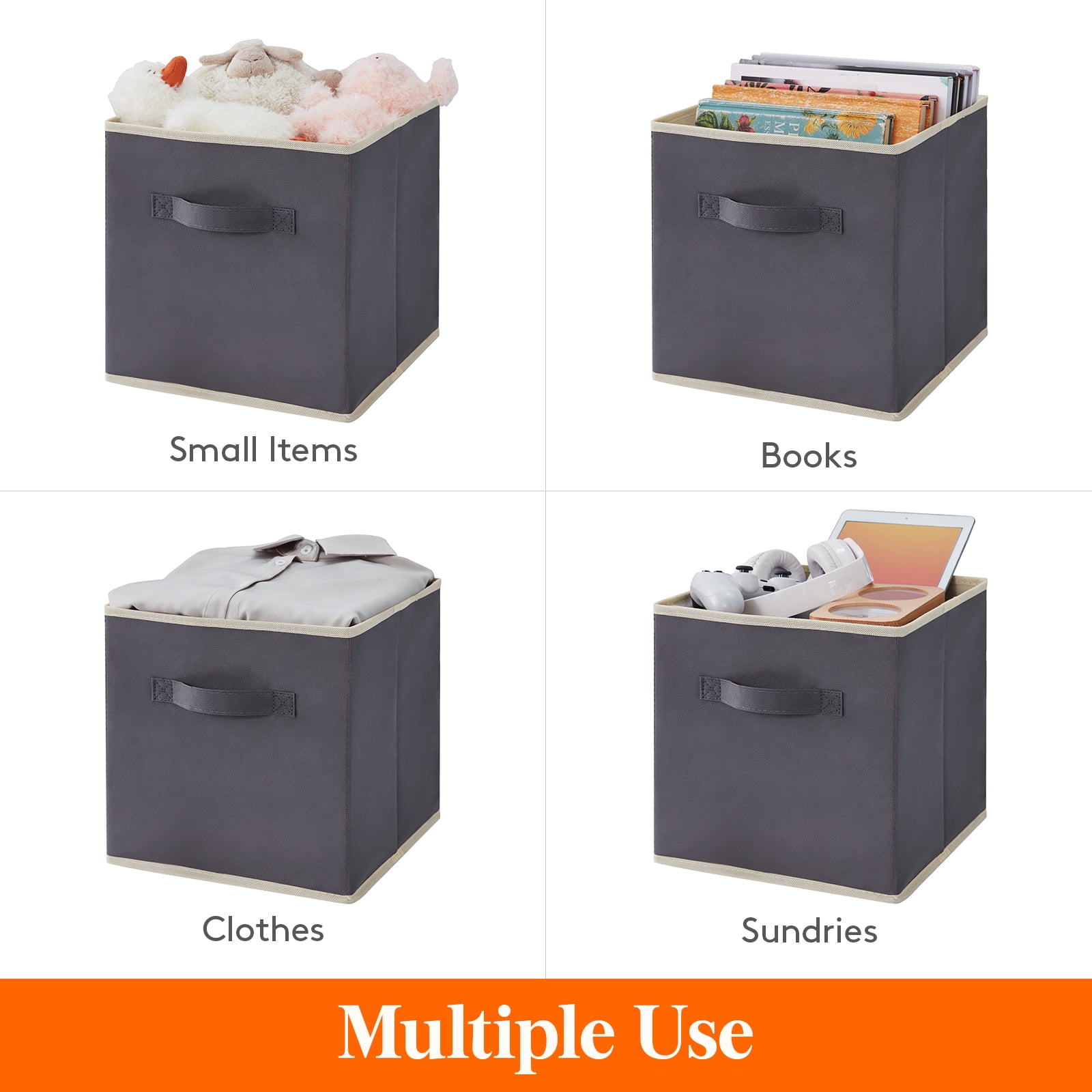 13 Inch Cube Storage Bins, 10 Packs Collapsible Storage Cubes, Foldable Fabric Bins Multi-color Organizer Bins with Handles, Decorative Organizing Baskets for Shelves, Closet,Gray