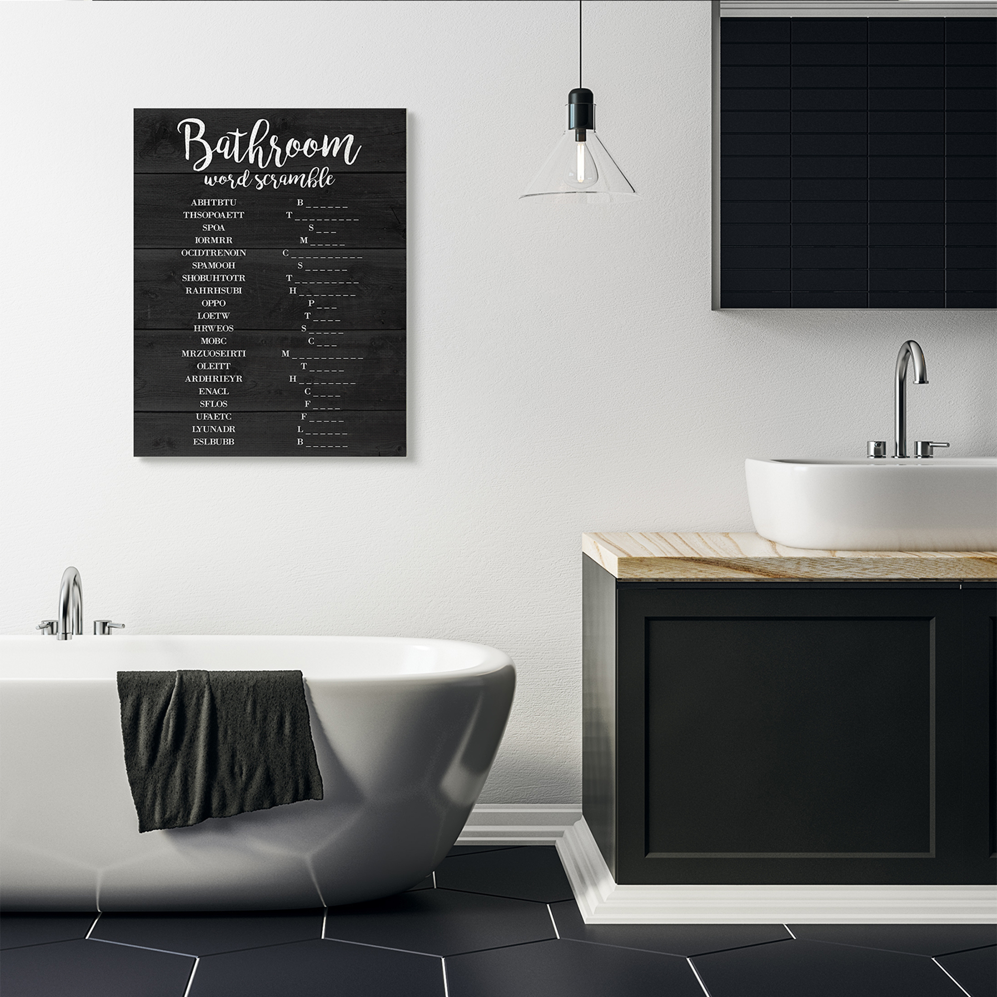 Stupell Home Décor Bathroom Word Scramble Black and White Design Canvas Wall Art by Daphne Polselli