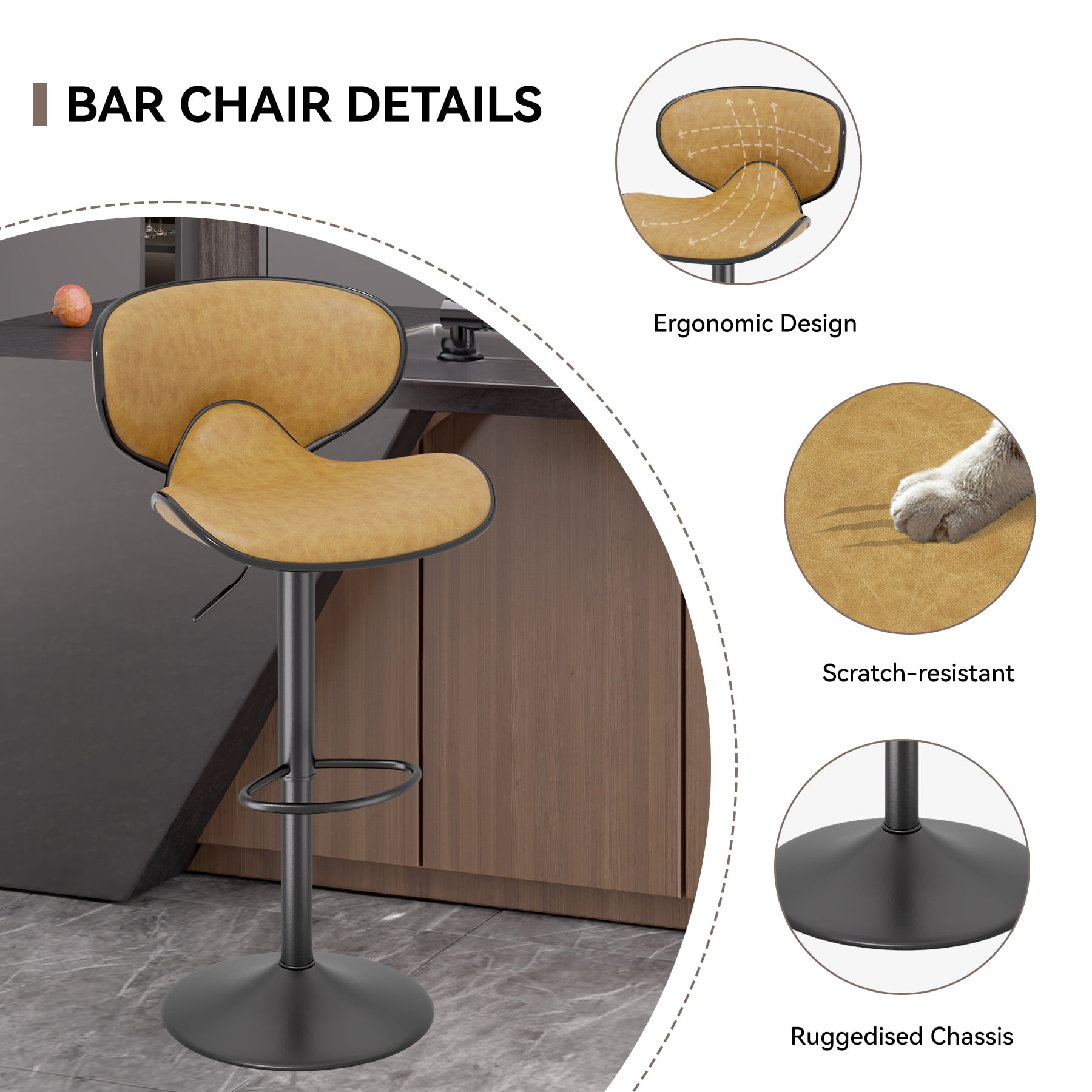 Hawsaiy Adjustable Swivel Bar Stools Set of 2 with Back and Footrest, Faux Leather Counter Height Kitchen Stools, Modern Bar Chairs for Island and Home Bar, Yellow