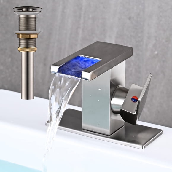 AVSIILE LED Bathroom Sink Faucet, Brushed Nickel Waterfall Single Hole Handle Vanity Faucets for Sinks 1 Hole with Metal Pop Up Drain and 2 Water Sup