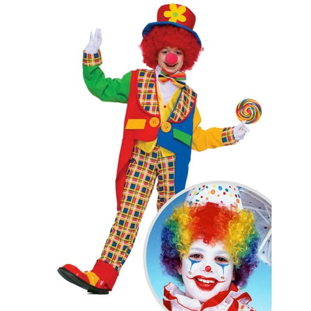 Children's Clown Around Town Costume and Kid's Multicolored Clown Wig
