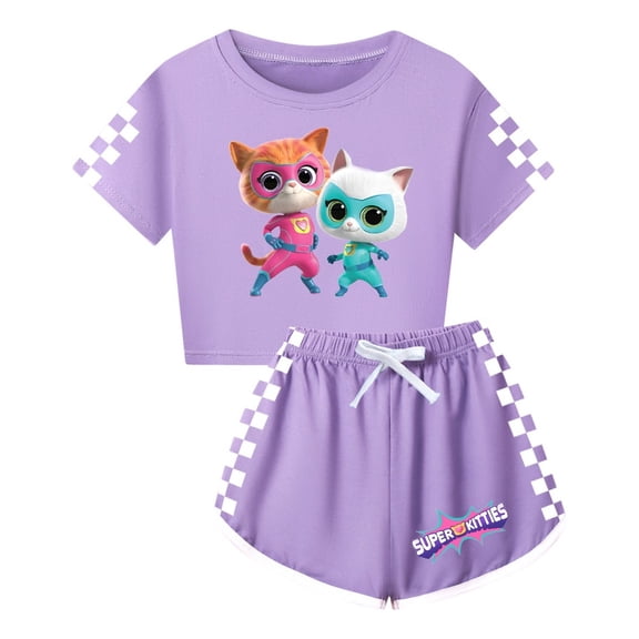 Girls SuperKitties Summer Set – 2-Piece Outfit with Cropped Shirt and Shorts for Children