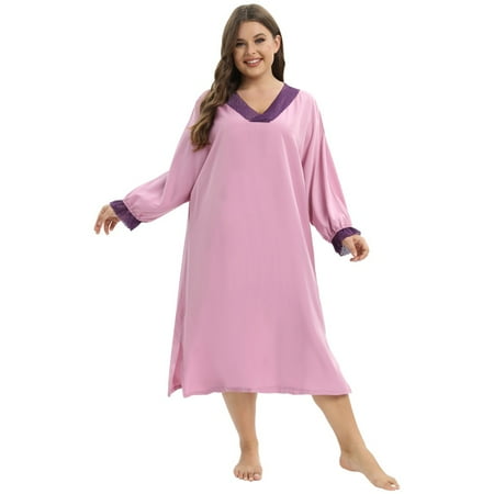 

WBQ Womens Nightgown Long Sleeve Loose Nightdress Soft House Dress Plus Size V Neck Nightshirts Comfortable Lightweight Fabric Size XL-4XL