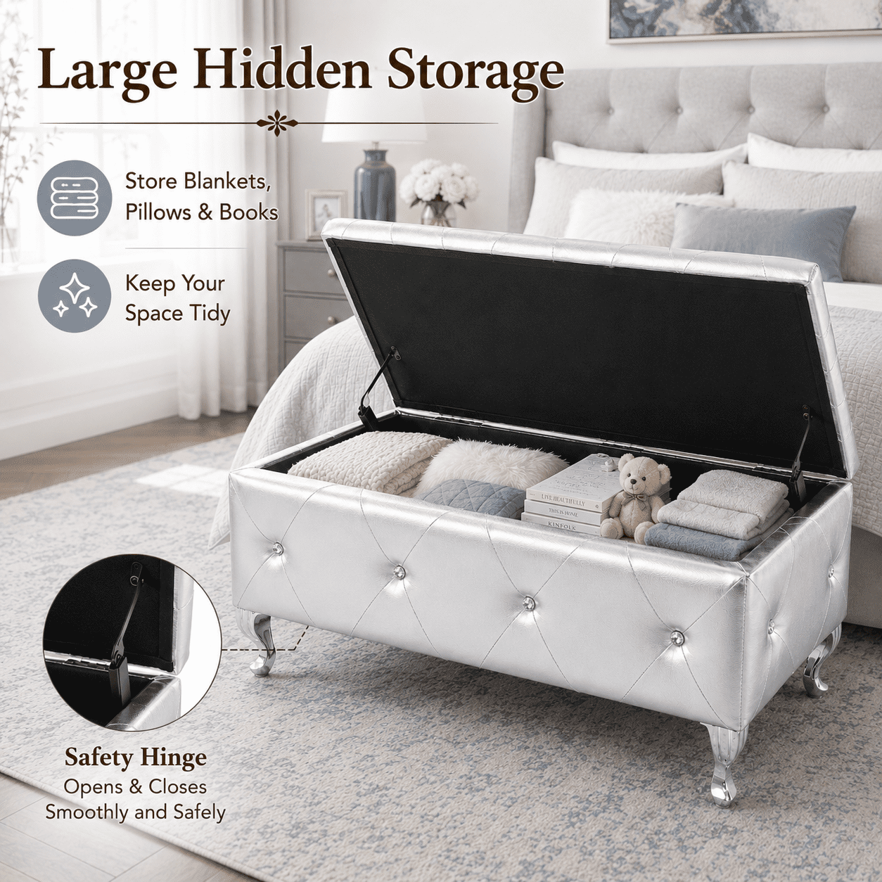 Aukfa 38" Upholstered Storage Ottoman Bench with Hidden Storage, Crystal Tufted Faux Leather Bed Bench, 380 lb, Silver