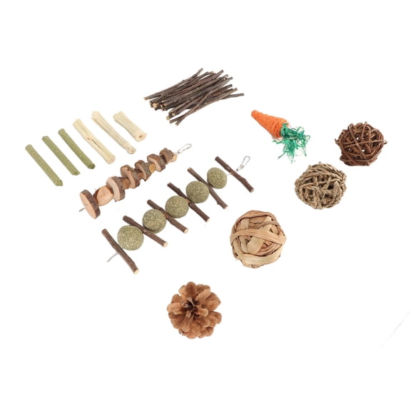 M Buder Rabbit Chew Toys Teeth Grinding Grass Ball String Pine Cone Wooden Stick Toy Set for Hamster Guinea Pig Chinchilla Dental Health Pet Play Set