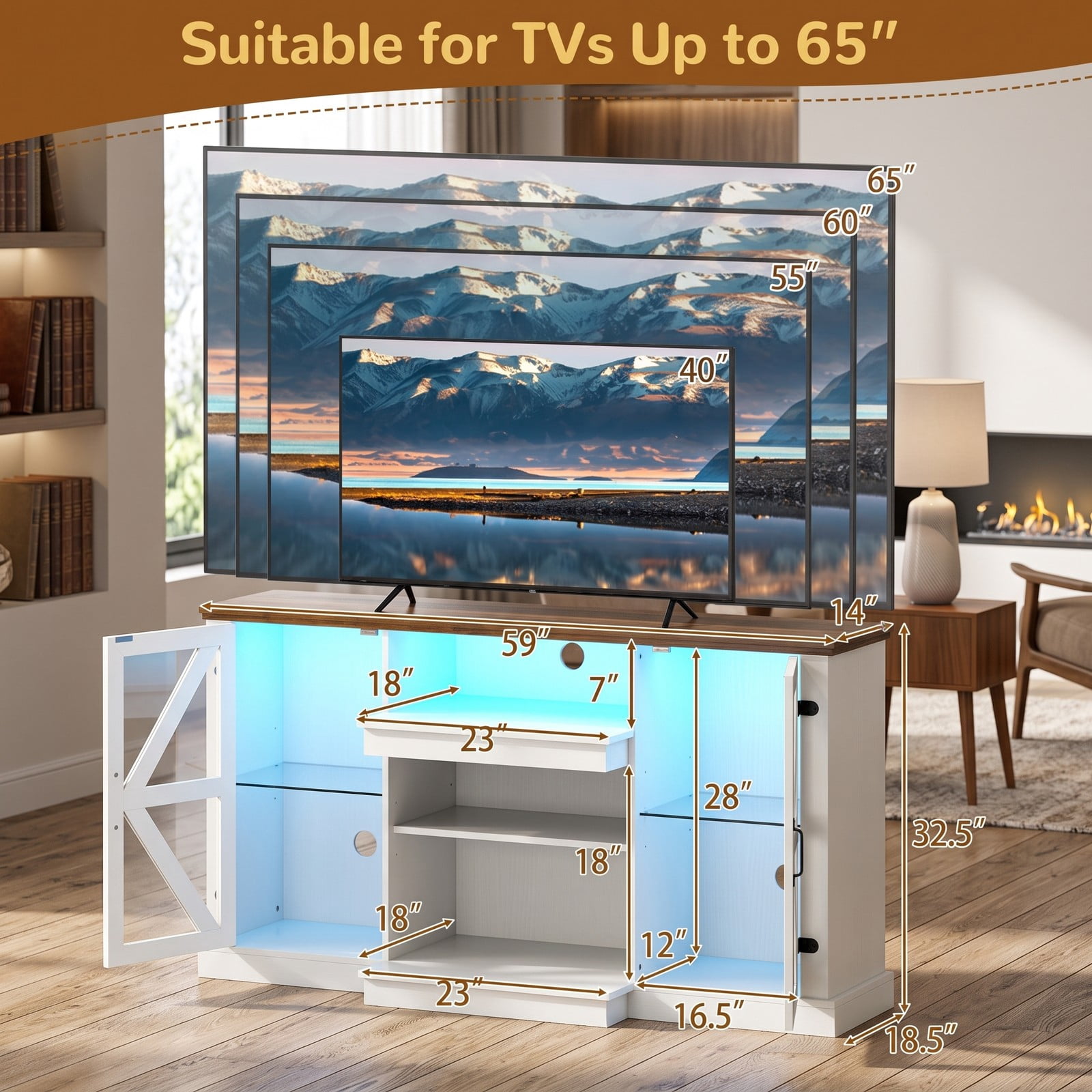 Furnibear 59 Inch LED Media Console Table, Modern TV Stand Entertainment Center with Tempered Glass Doors, 3-Level Adjustable Shelves, 22 Dynamic RGB Light, White