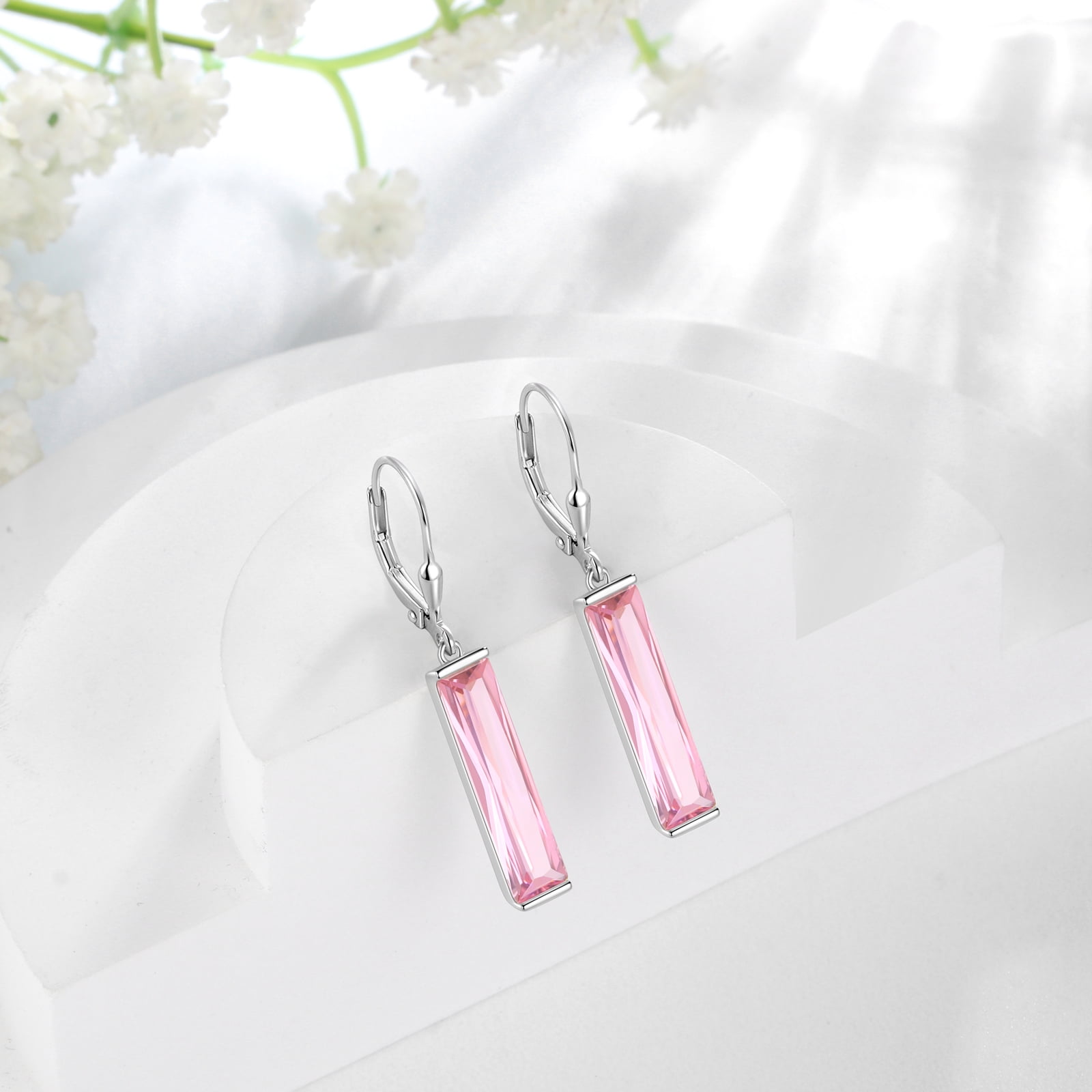 Juwaliy Women Dangle Earrings 925 Sterling Silver October Birthstone Leverback Hanging Tourmaline Pink Jewelry Mom Valentine's Day Gift