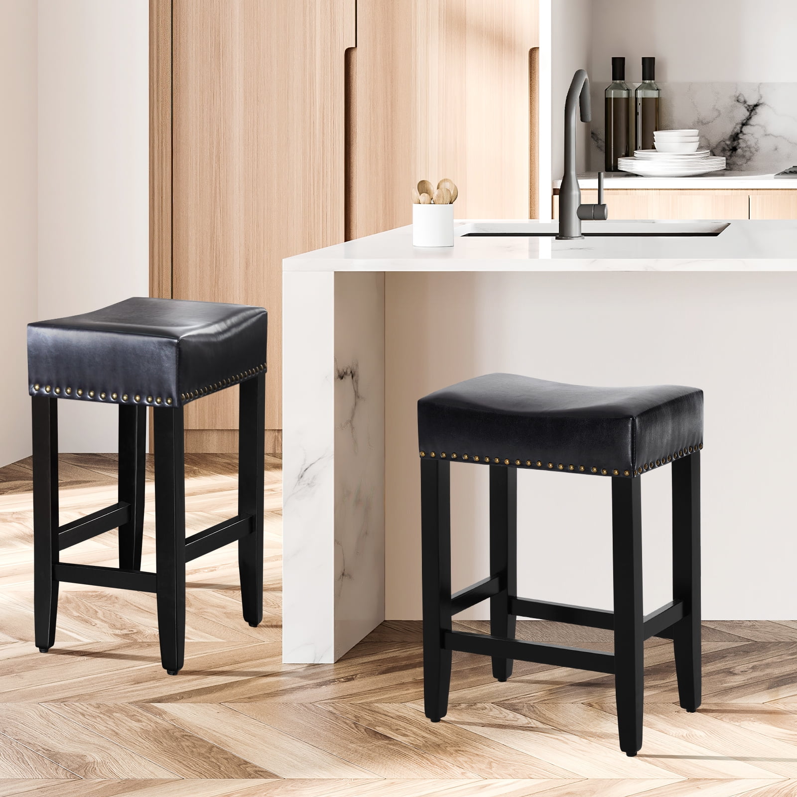 Furniliving 26" Backless Counter Stool Set of 4, Counter Height Bar Stools PU Saddle Stool, Black