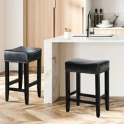 Furniliving Modern Backless Counter Stool Rubber Wood Saddle Seat Stool Kitchen Counter Bar Stool,Set of 2,Black