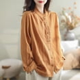 thumbnail image 7 of YUEHUA Women's Linen Blend Ruffle Trim Button Up Shirt, High Neck Long Sleeve Loose Fit Blouse, Vintage Style Casual Top, 7 of 7