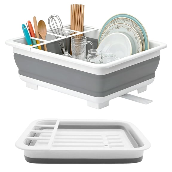 Aovky Collapsible Dish Drying Rack, Portable 4-Compartment Dish Drainer with Drainboard, Utensil and Plate Organizer, Space-Saving Kitchen Storage Tray for Counter, RV, Camper, Travel Trailer